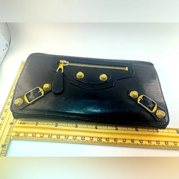 Balenciaga Giant Continental Wallet Black Lambskin Gold Hardware Authentic - Picture 13 of 15